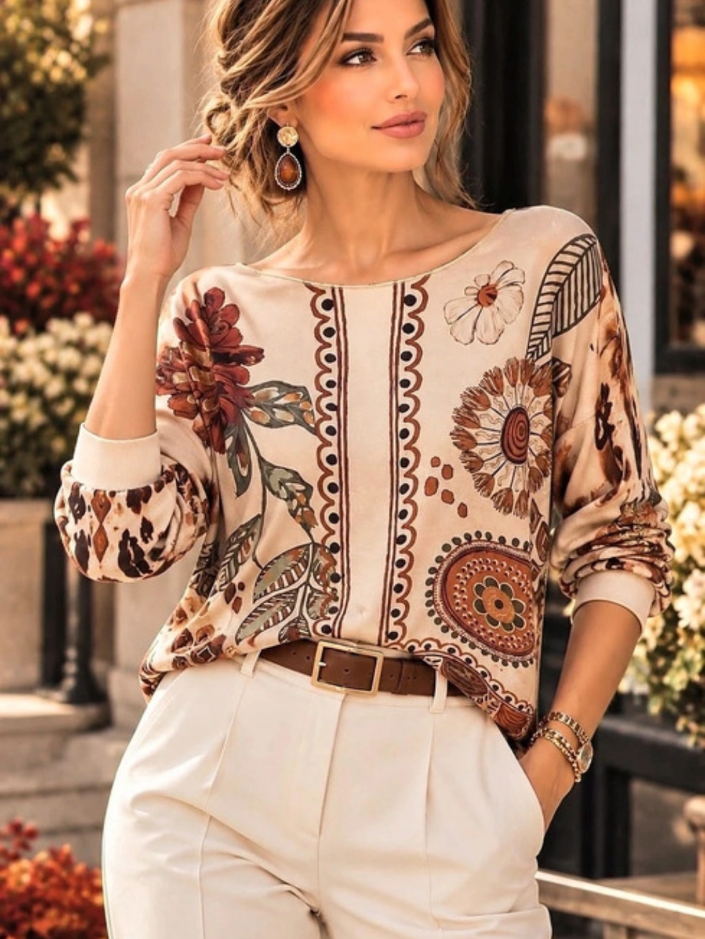 205 Made In Italy Floral Print Blouse in Cream & Brown